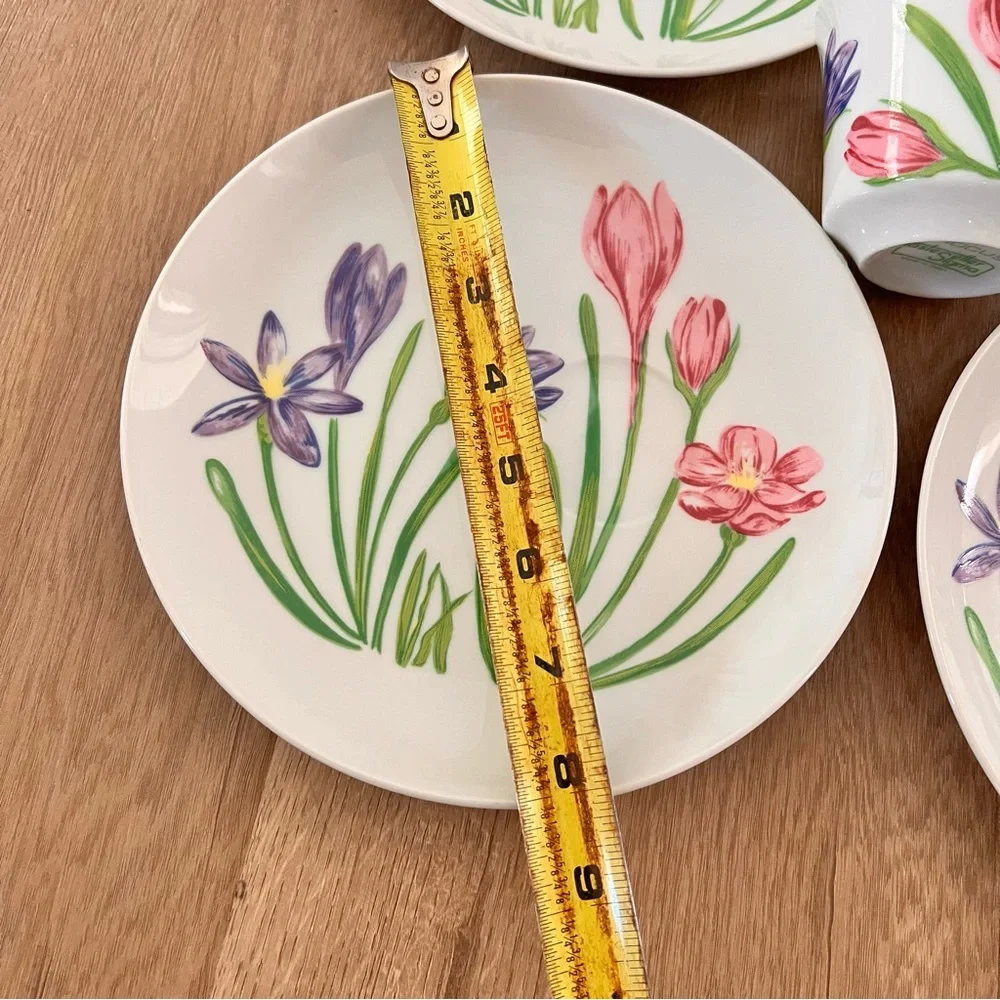 Vintage Crocus Flowers Snack Plates & Cups‎ Set Of 4 (8 PCs) - Japan Sigma Mint